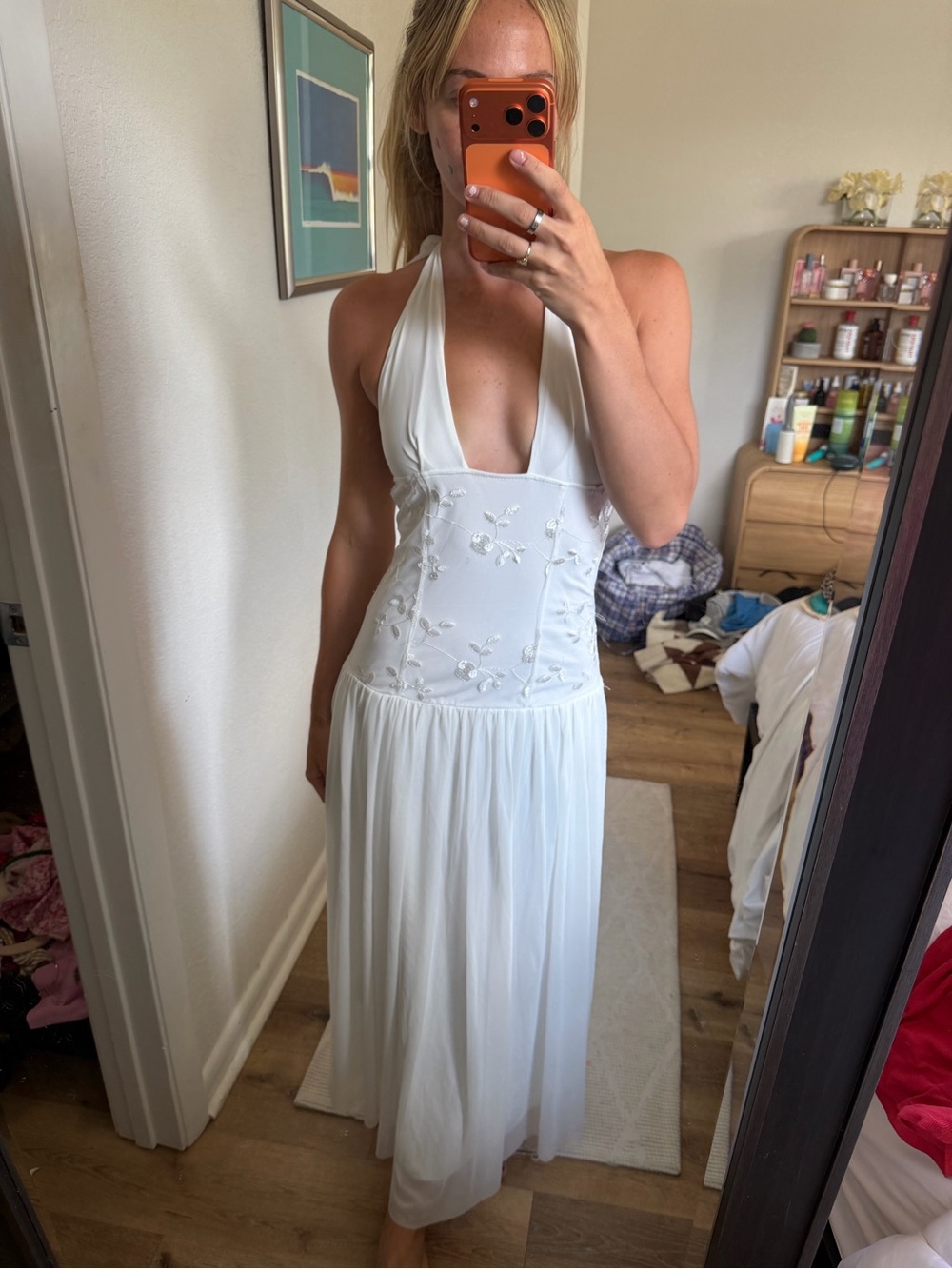 Drop waist lace White Halter Maxi Dress with Embroidered Bodice BRIDAL - Picture 2 of 7